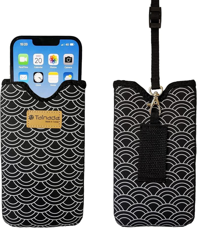 Tainada Men Women Neoprene Shockproof Cell Phone Sleeve Pouch Carrying Case w/Neck Lanyard, Belt Loop Holster for iPhone 17/16 Pro Max, Air, 16 Plus, Samsung S25+, S24, A56, Z Fold7 (Black Waves) - Image 1